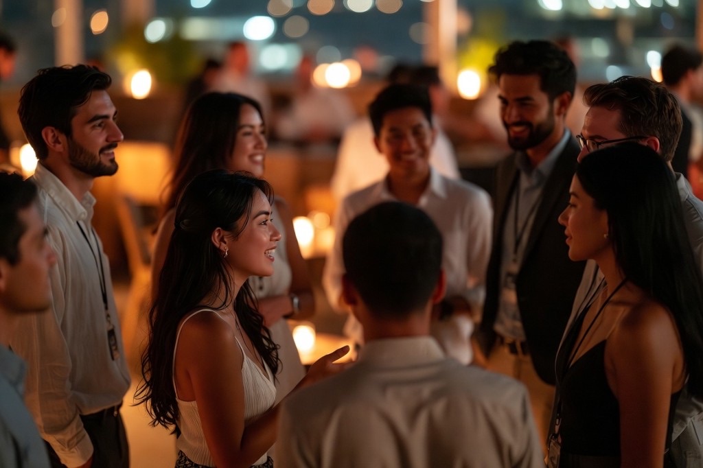 Anthea community members connecting at an evening networking event